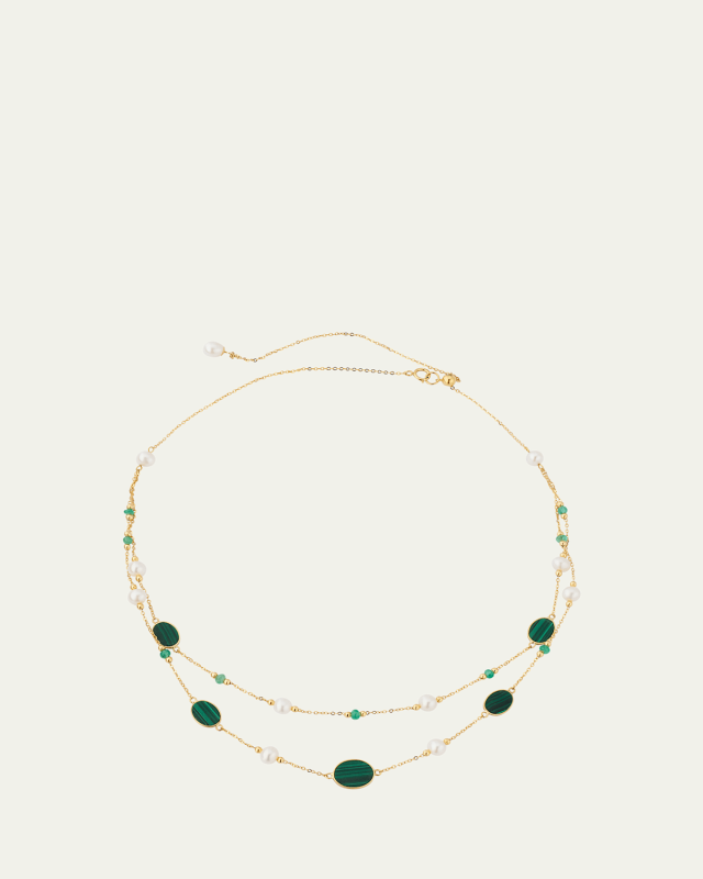 Little Sur Malachite Inlay, Emerald and Freshwater Pearl Double Layer Chain Necklace